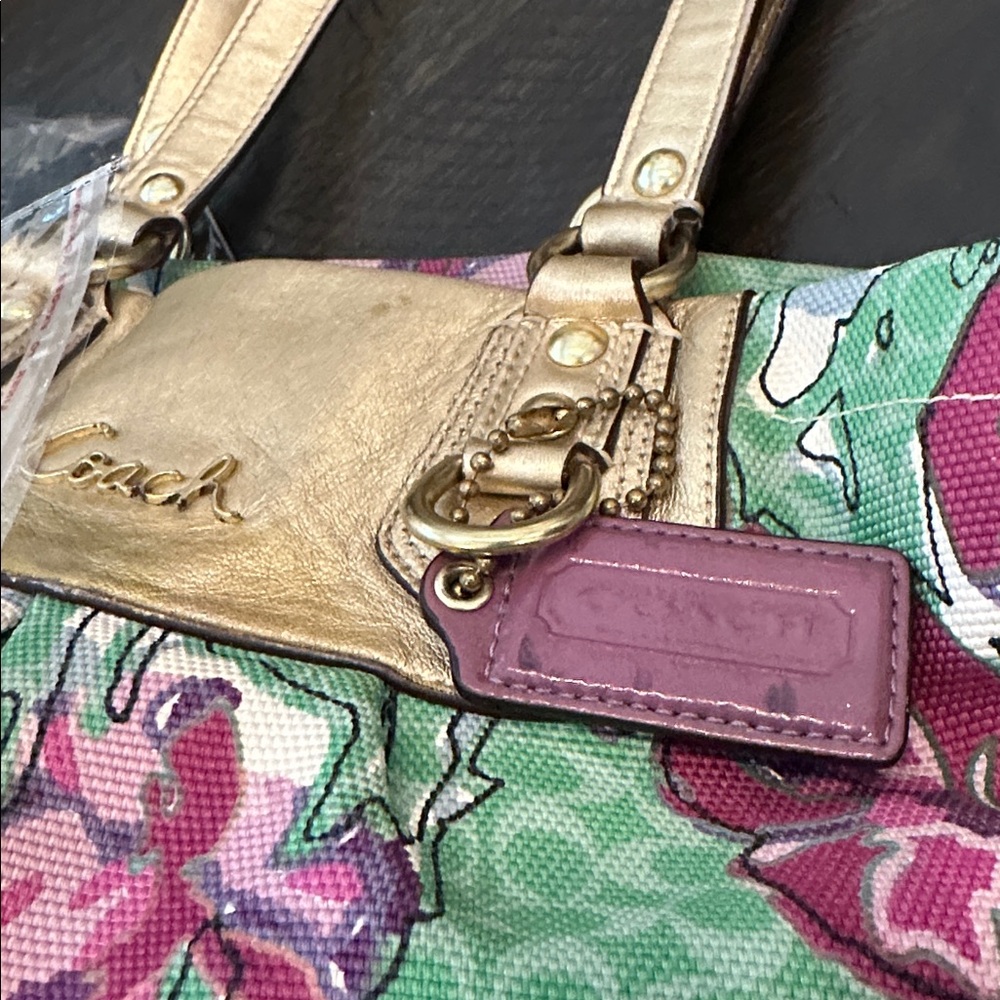 Coach Ashley 2011 Pink & Green Floral Canvas Tote with Gold Leather Accents - Picture 14 of 14